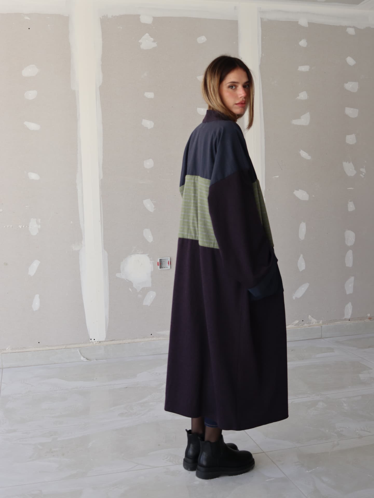 Long colour-blocked coat in plum, navy and sage-green striped fabric