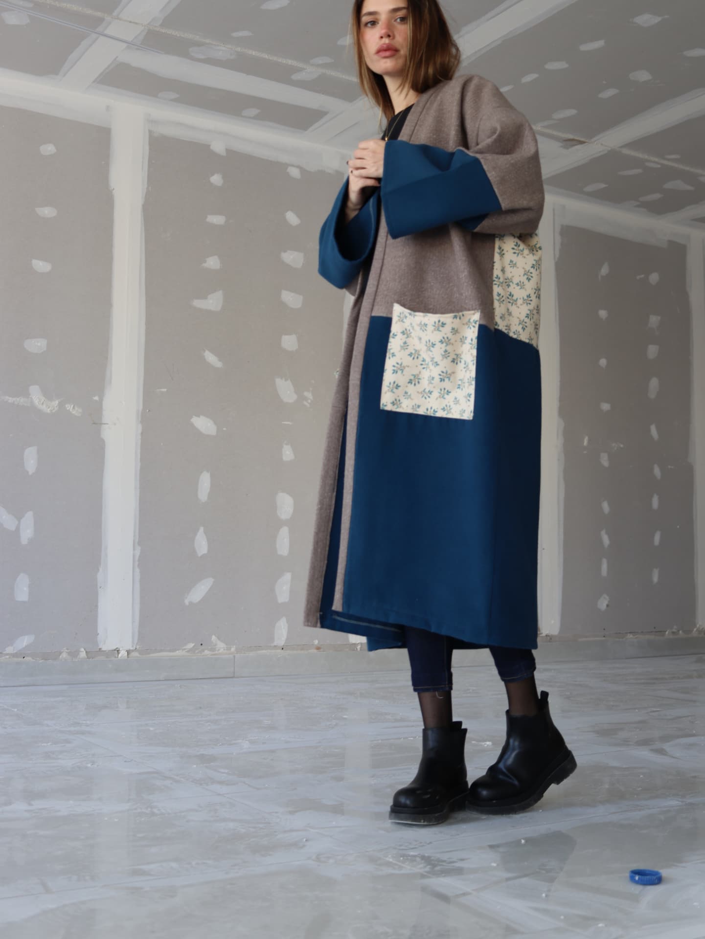 Long patchwork coat in taupe wool and teal with floral-print pocket panels